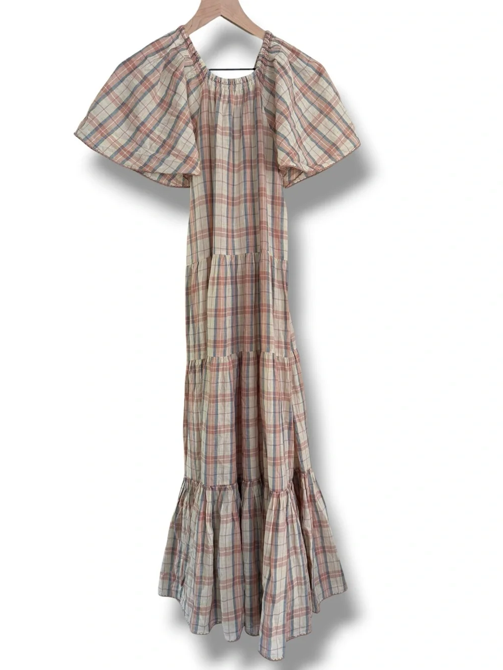 The Great. The Iris Dress Washed Rose Plaid Cotton Linen Tiered Midi Size Sz 1/S